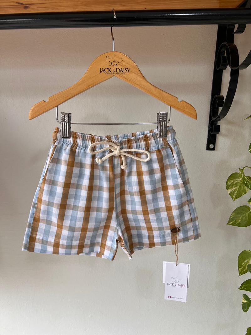 Short Thomas Xadrez Azul/Marrom 100% Algodão- Coleção Raízes