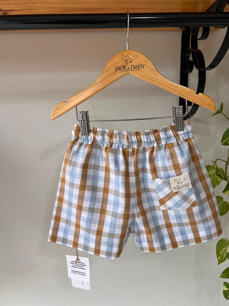 Short Thomas Xadrez Azul/Marrom 100% Algodão- Coleção Raízes