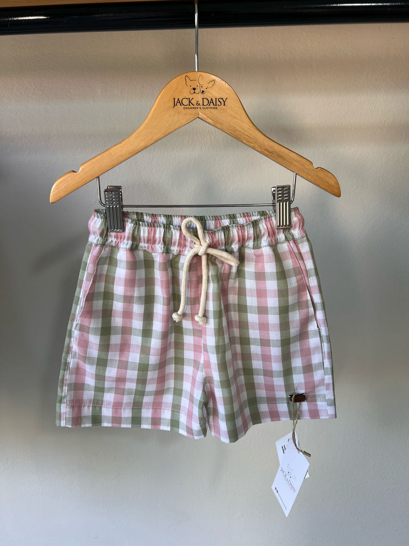 Short Thomas Xadrez Rose/ Verde Oliva 100% Algodão
