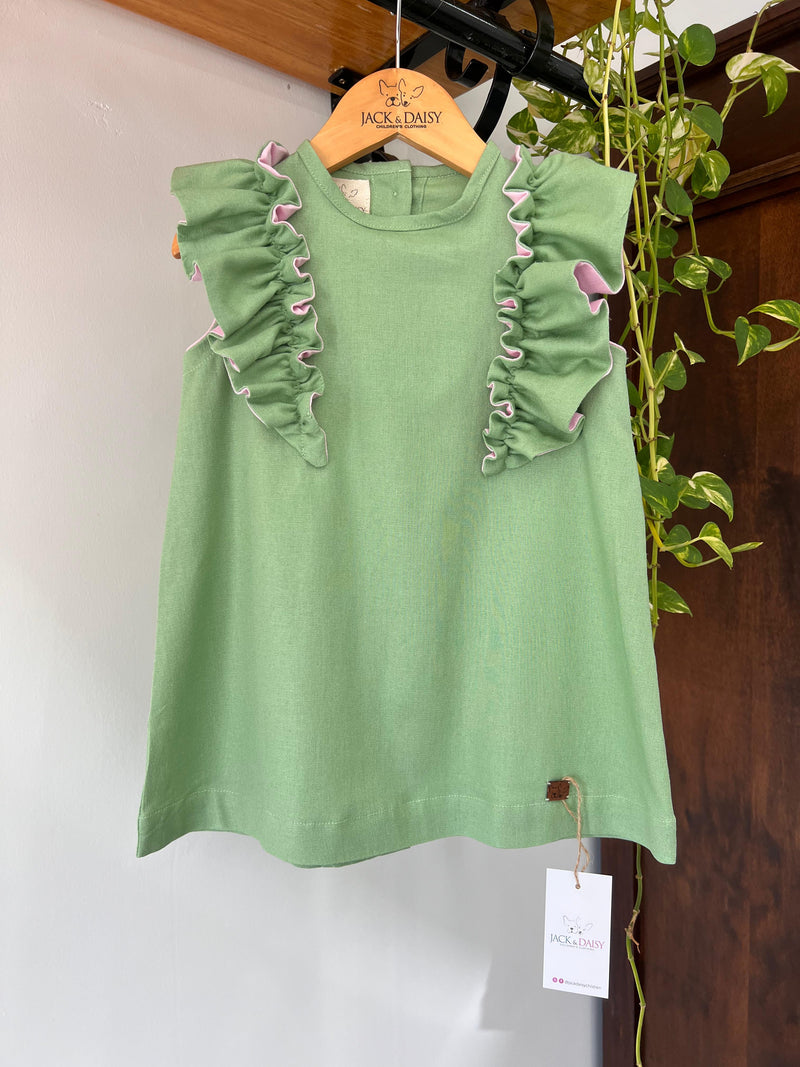 Vestido  "Flor do Caminho" Linho Verde - Nas Trilhas do Herói