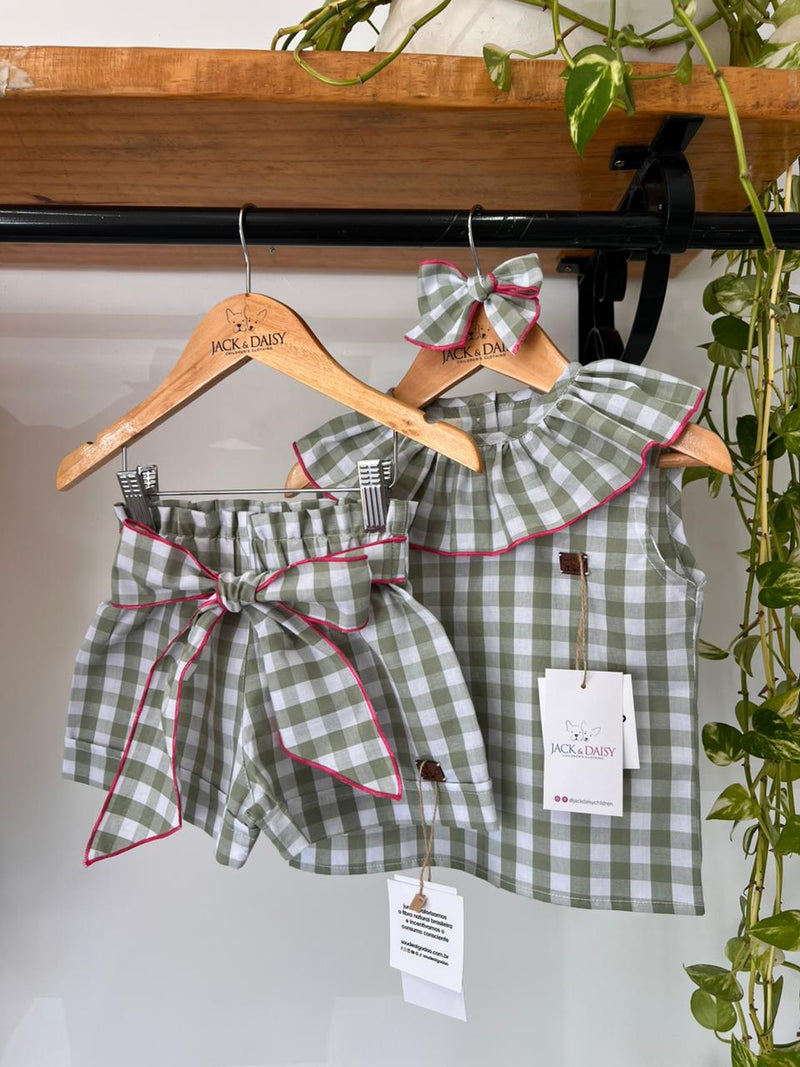 Conjunto Doce Infância  Xadrez Verde100% Algodão