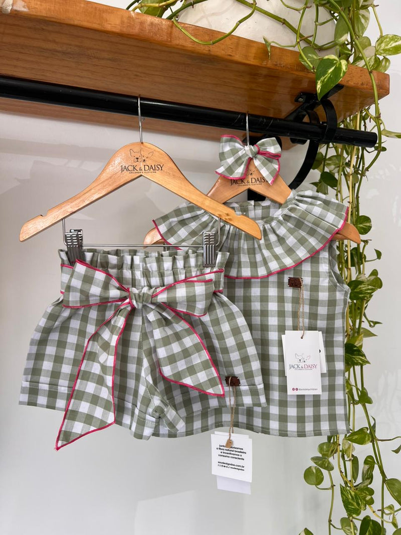 Conjunto Doce Infância  Xadrez Verde100% Algodão
