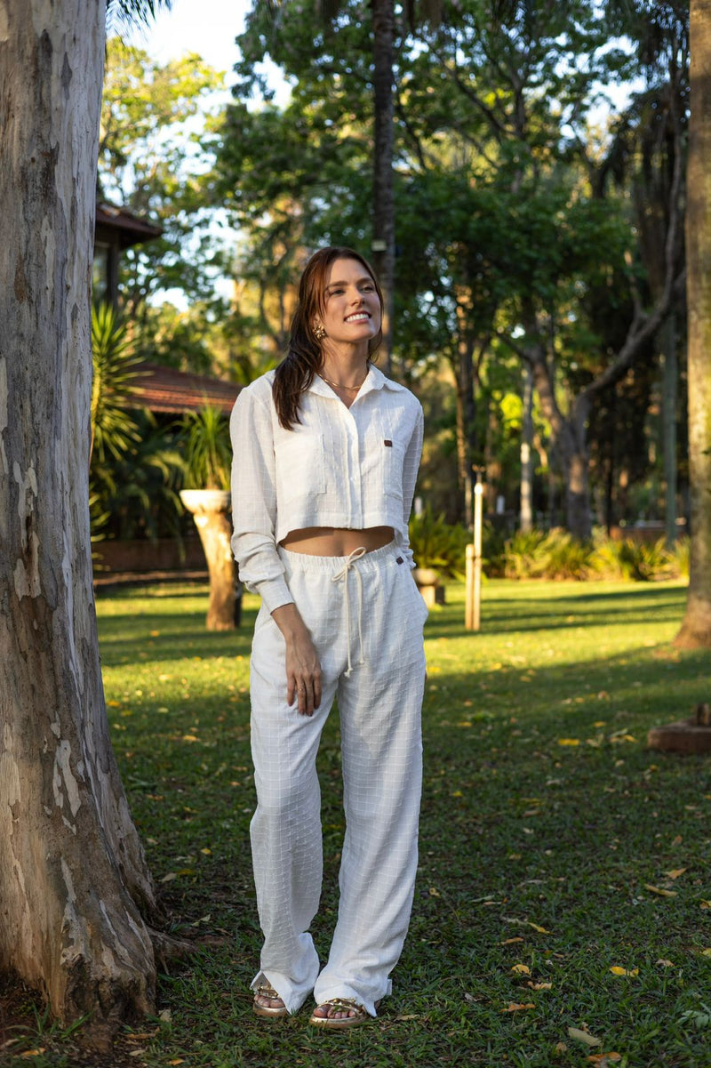 Camisa Cropped 100% Algodão Bordado Off Whit