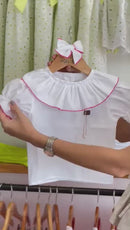 Bata Clara Manga Bufante Branca com Pink 100% Algodão- Coleção Infância em Cores